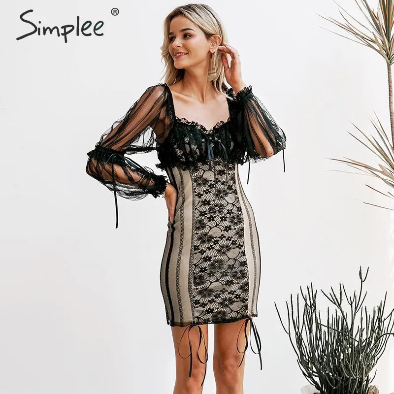 Vintage flower embroidery women Sexy lining lace up ladies party mini Transparent sleeve female dress 210414