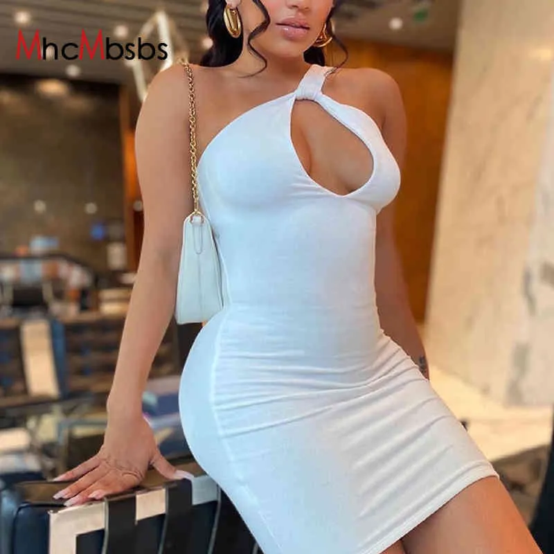 Summer Women Casual Short Dress Solid Hollow Out One-Ramię Bodycon Sexy Off Ramię Club Party Sukienki Vestidos 210517