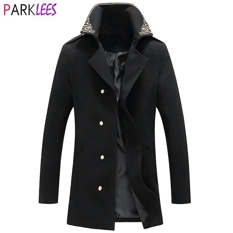 Mens Golden Embroidery Long Wool Trench Coat Double Breasted Men Cashmere Coat Brand Wide Lapel Wool &Blends Peacoat Windbreaker 210522