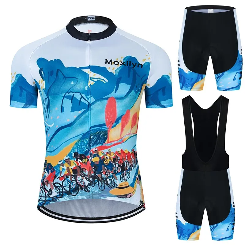 Factory direct sales Moxilyn Team of Cyclists Pattern Cycling Jersey Set Summer Short Sleeve and Shorts Suithigh Quality Material Bike Clothing