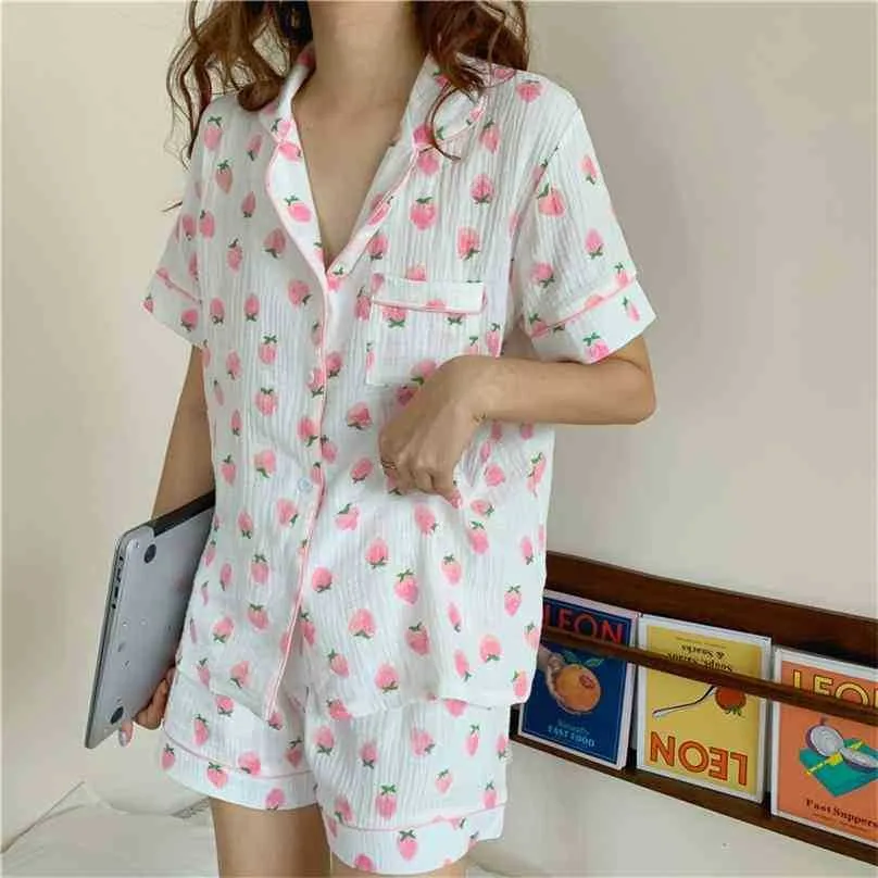 Pijamas de algodão torres de duas peças plus tamanho impresso frutas verão mulheres macias sleepwear femme casa chique sets soltos 210525