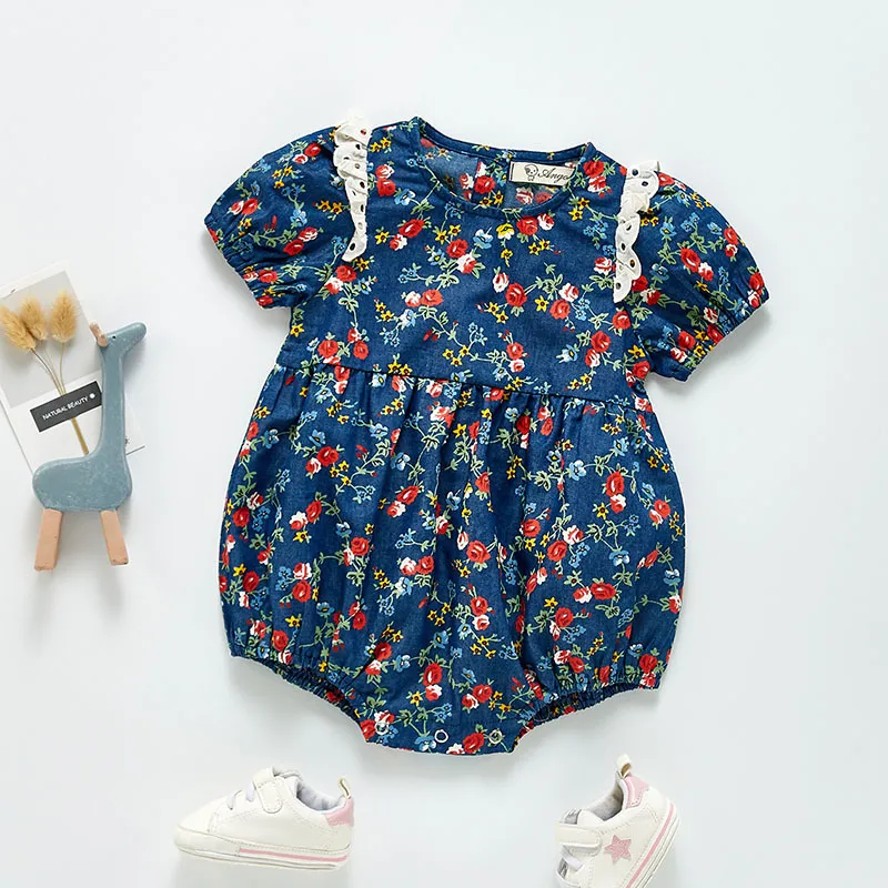 Baby Girl Short Sleeve Rose Floral Rompers Né Été Enfants Vêtements pour bébés Combinaisons 210429