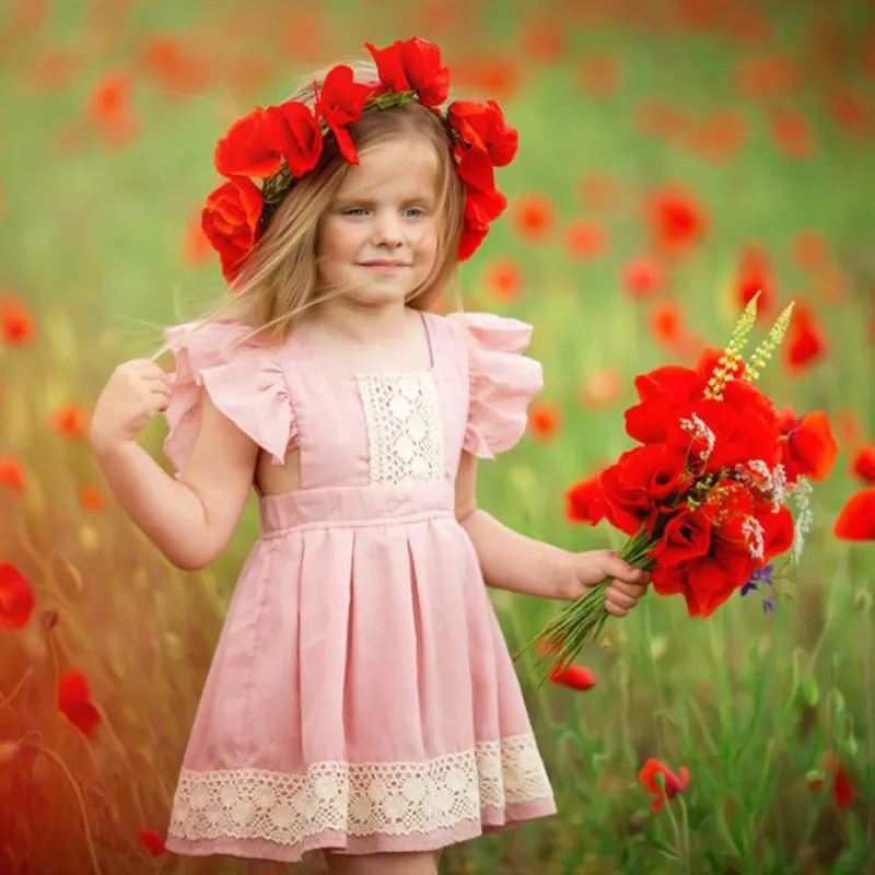 التجزئة إنس فتاة الصيف اللباس الوردي الرباط مضيئة كم القطن الأميرة اللباس البسيطة ملابس الأطفال 1-6Y 1561 B3