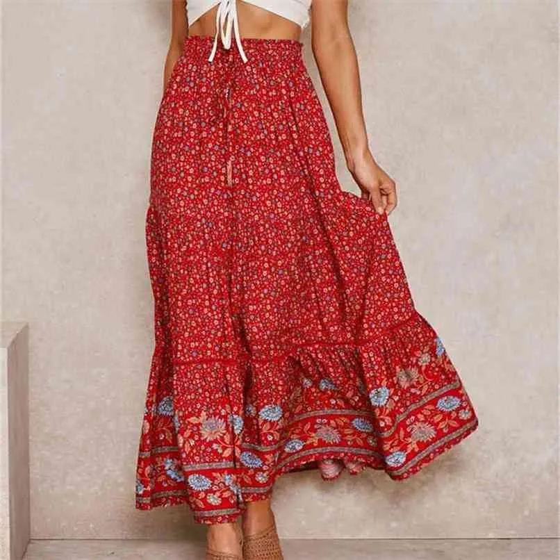 DAILOU Vintage Chic Faldas largas Mujeres Estampado floral Playa Falda bohemia Verano Alta cintura elástica Rayón Algodón Boho Maxi 210619