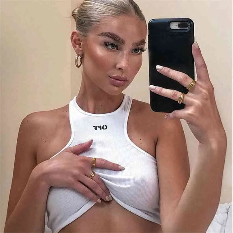 Kobiety bez rękawów bez rękawów krótki Top OFF wyszywane litery prążkowana dzianina wąska kamizelka letnie sportowe gorset Streetwear 210607