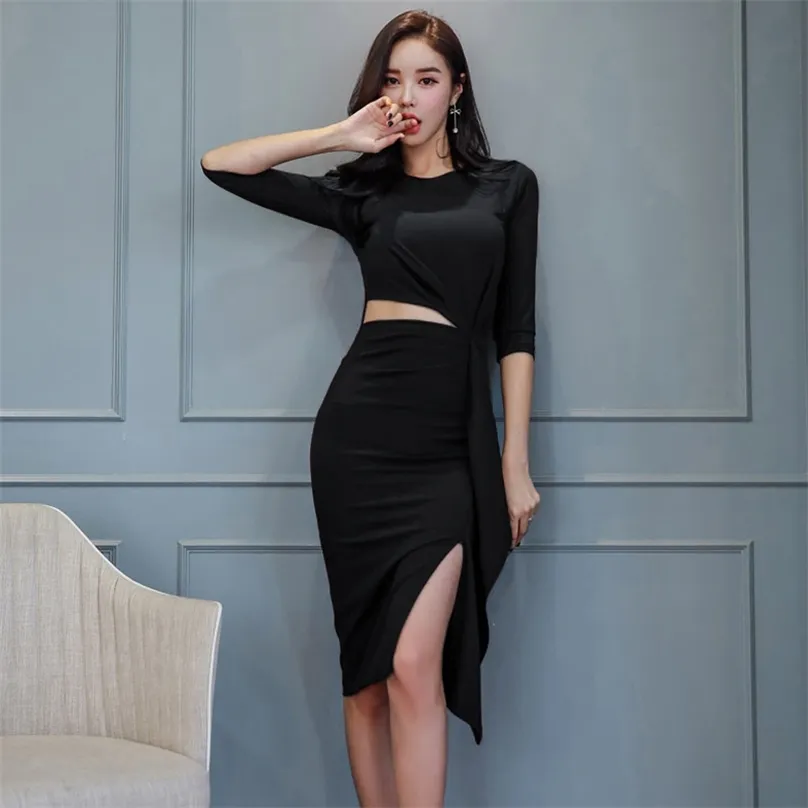 irregular Sexy night club Dress korean Ladies Long SLeeve Crew neck Office Party Dresses for women china Clothing 210602