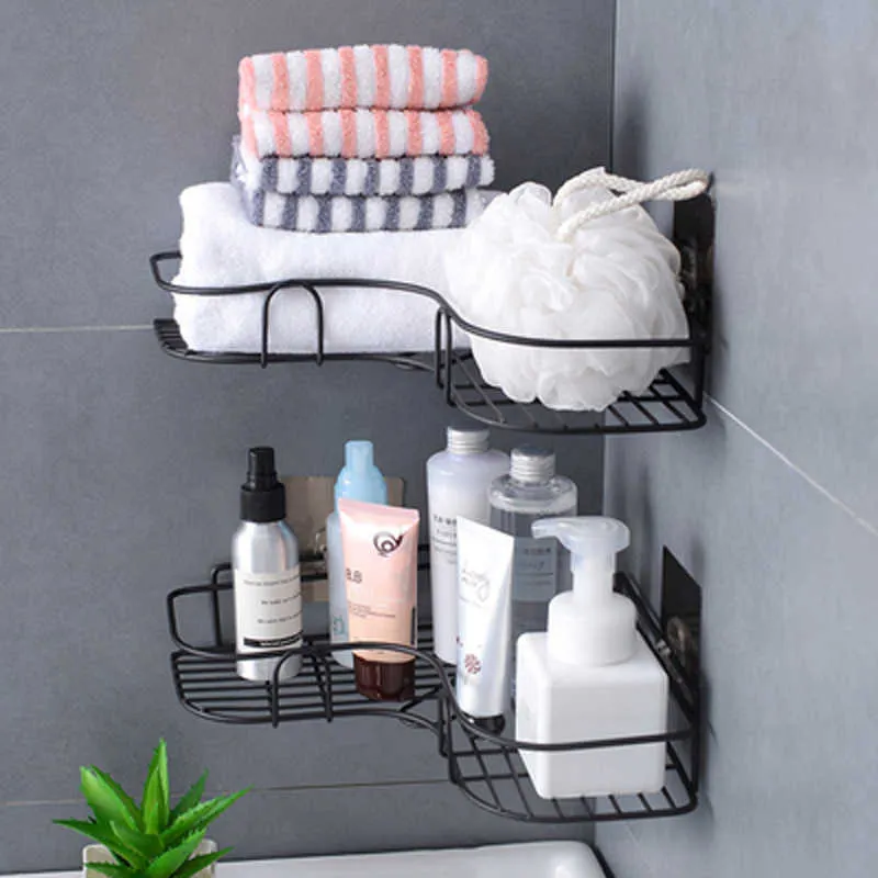 Iron Bathroom Storage Rack Metal Punch-Free Shelf Shower Wall-mounted Suction Basket Organizer Kitchen Home Corner Hanging Racks 210724