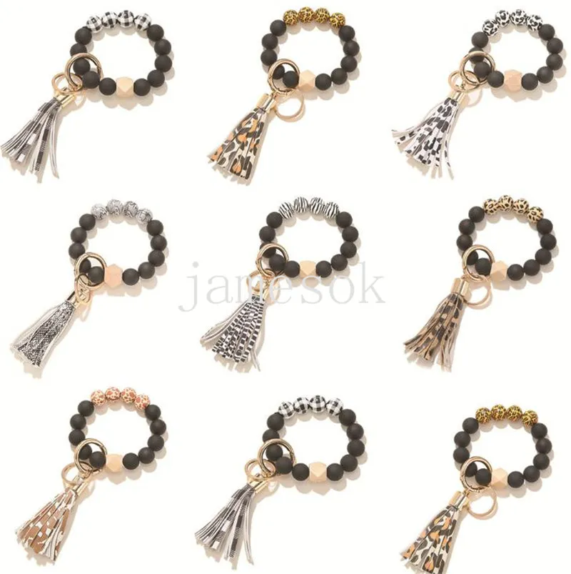 Svart Frostat Trä Bead Armband Keychain Fashion Pattern Tassel Hängsmycke Armband Kvinnor Tjej Key Ring Wrist Rem 7 Färger DD255