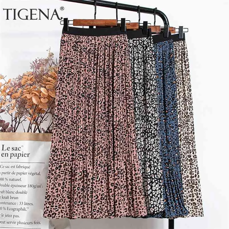 TIGENA primavera Vintage leopardo gasa falda mujer moda estampado forrado una línea elástica alta cintura plisada Falda larga mujer 210730