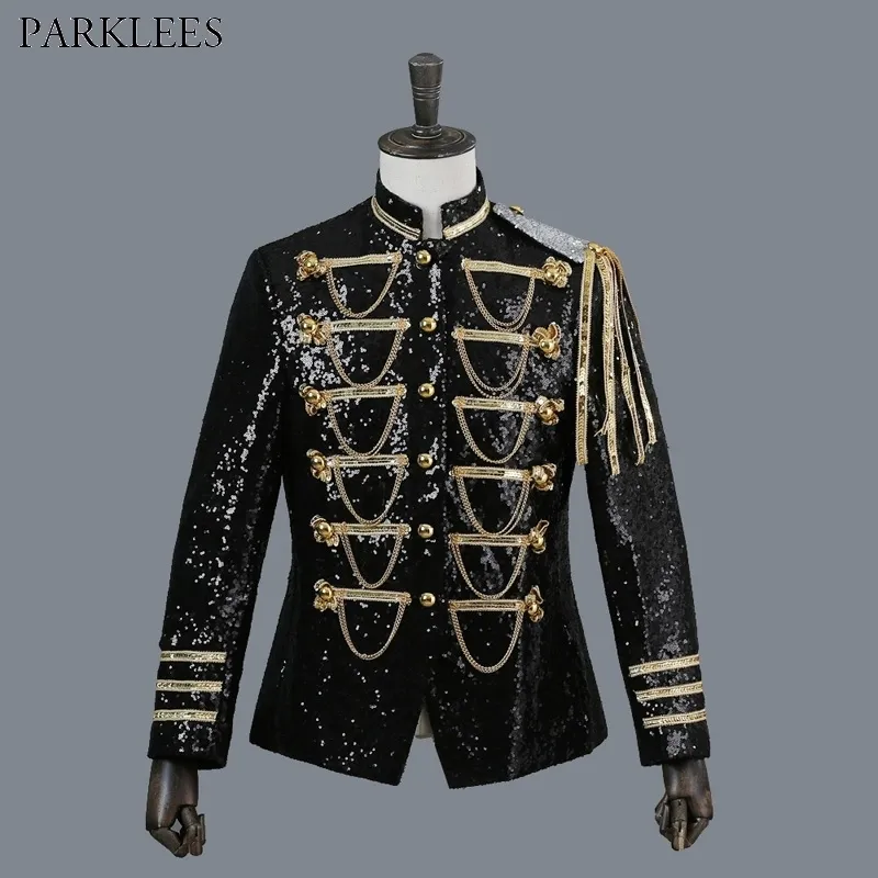 Collo alla coreana da uomo Giacca blazer con paillettes nero lucido Giacca monopetto di marca Masculino Costumi per cantanti di scena per feste 210522