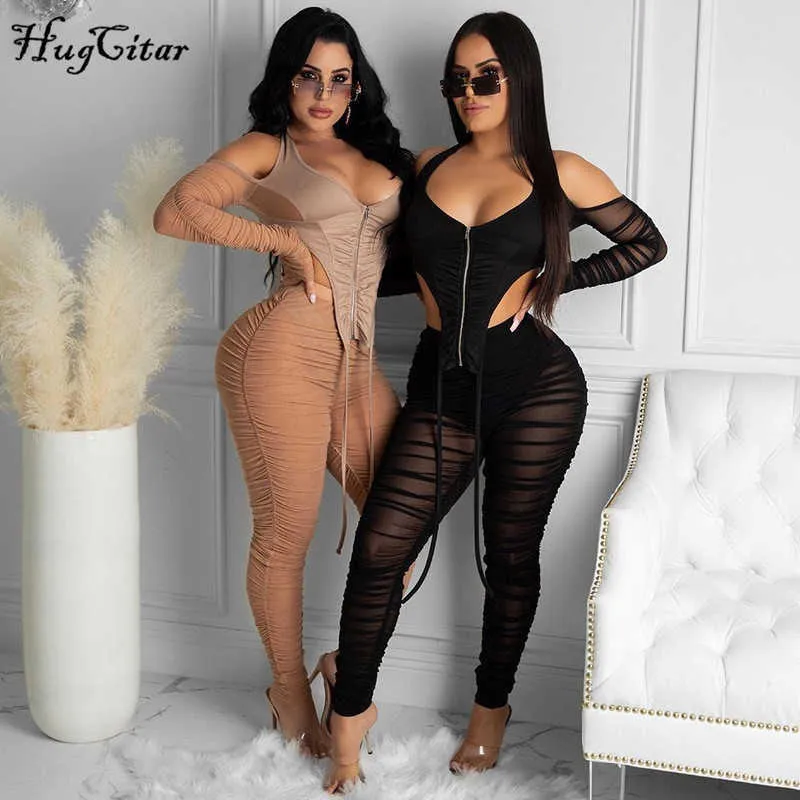 Hugcitar 2020 Long Sleeve Halter Patchwork Ruched Zipper Mesh Tshirt Legging 2 Piece Matching Sets Autumn Winter Women Sexy Wear Y0625