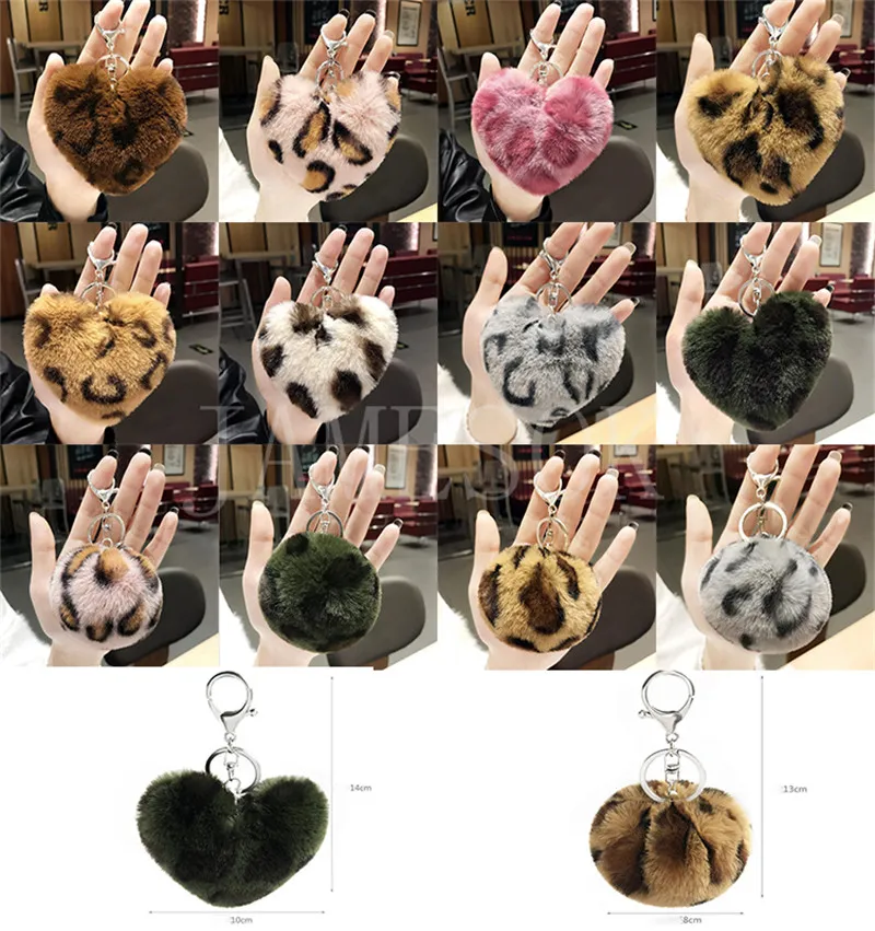 Leopard Fluffy Ball Keychain Söt Väska Bil Hänge Pompom Kärlek Nyckel Ring Tillbehör Creative Gifts Party Favor DB742