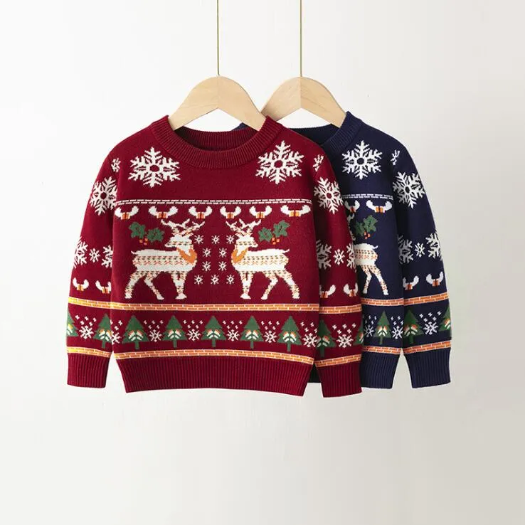 Christmas Elk Knitted Sweaters For Boys Girls Autumn Winter Pullover Kids Bottoming Sweater Children Pullovers 2 Colors 3-8 Years