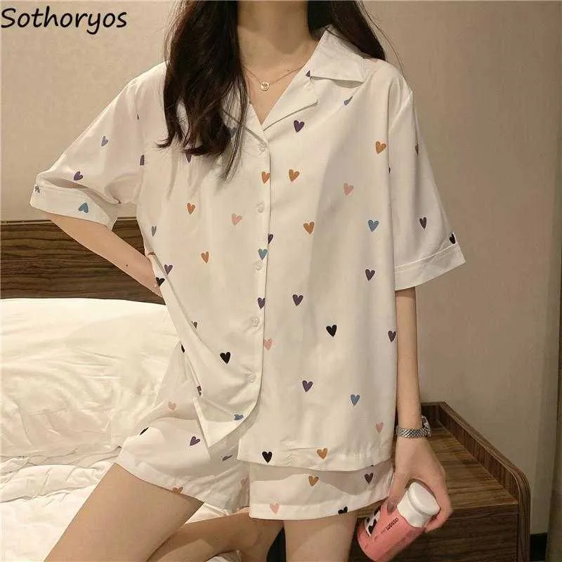 Pajama Sets Women Thin Breathable Heart-print Sleepwear BF Sweet Girls Comfy Loose Lounge Wear Leisure Ins Stylish New Pyjamas X0526