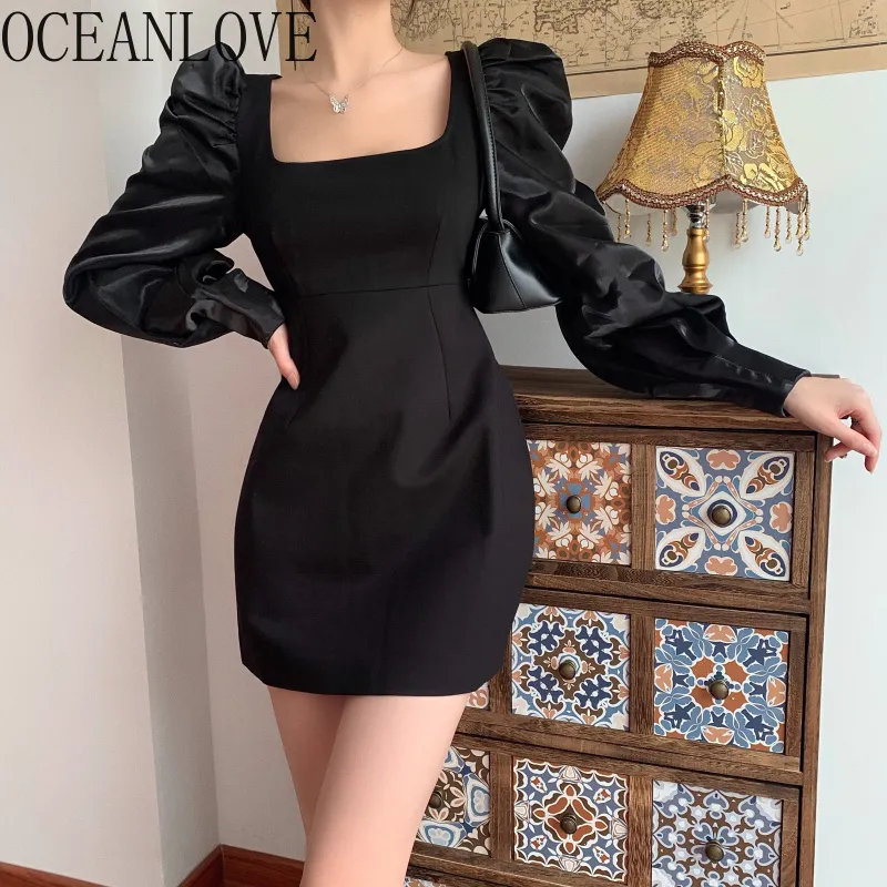 Akşam Parti Elbiseler Siyah Solud Puf Kol Bodycon Retro Bahar Kadın Elbise Ins Yüksek Bel Femme Robe 19523 210415