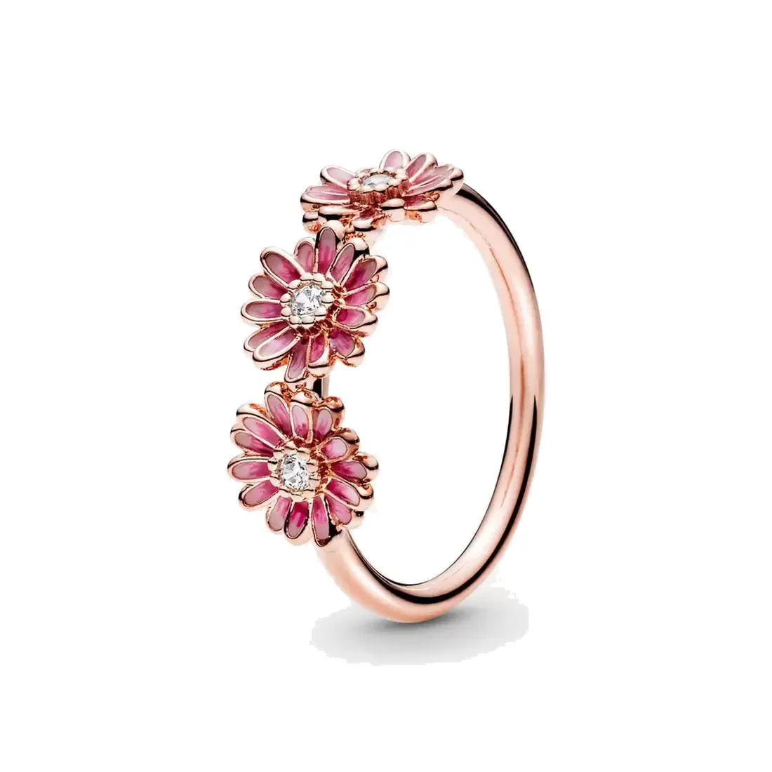 Fine jewelry Autentico anello in argento sterling 925 Fit Pandora Charm Pink Daisy Flower Trio Anelli di fidanzamento fai-da-te