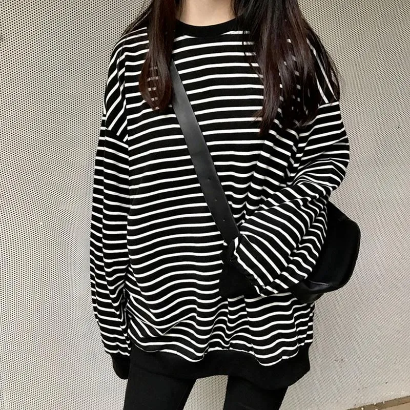 Women's Hoodies & Sweatshirts Harajuku Pullover Crewneck Sweatshirt Women College Black And White Striped Hoodie Long Sleeve Polerones 2021