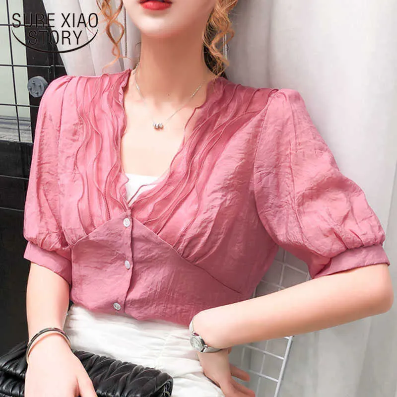 Estate stile coreano tutto-fiammifero elegante camicia di chiffon con scollo a V stile moda camicetta manica corta sottile bianco top donna 9810 210528