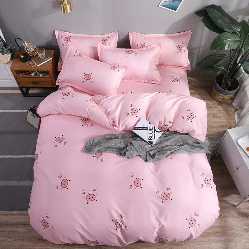 Ensembles de literie Ensemble 4 pièces rose style japonais dessin animé cochon motif housse de couette literie comprennent drap de lit taie d'oreiller couette Océanie