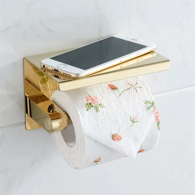 Suporte de papel higiênico de aço inoxidável com prateleira de telefone Banheiro Rolo de papel higiênico Titular de papel acessórios simples design simples 210720