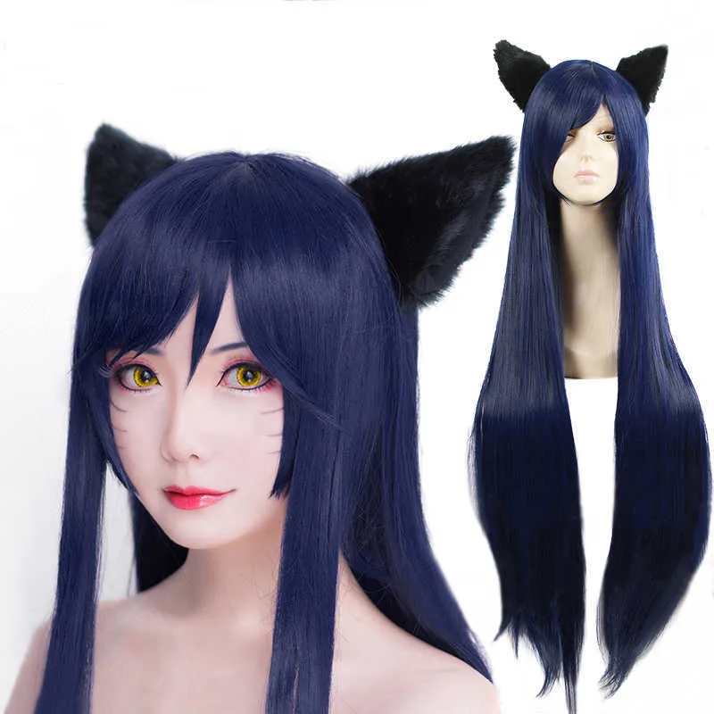 Jogo Lol Ahri 100cm Longo Peruca Azul Dark The Nove-Tailed Fox Mulheres Resistente ao calor Cabelo Cosplay Perucas + Ears Y0903