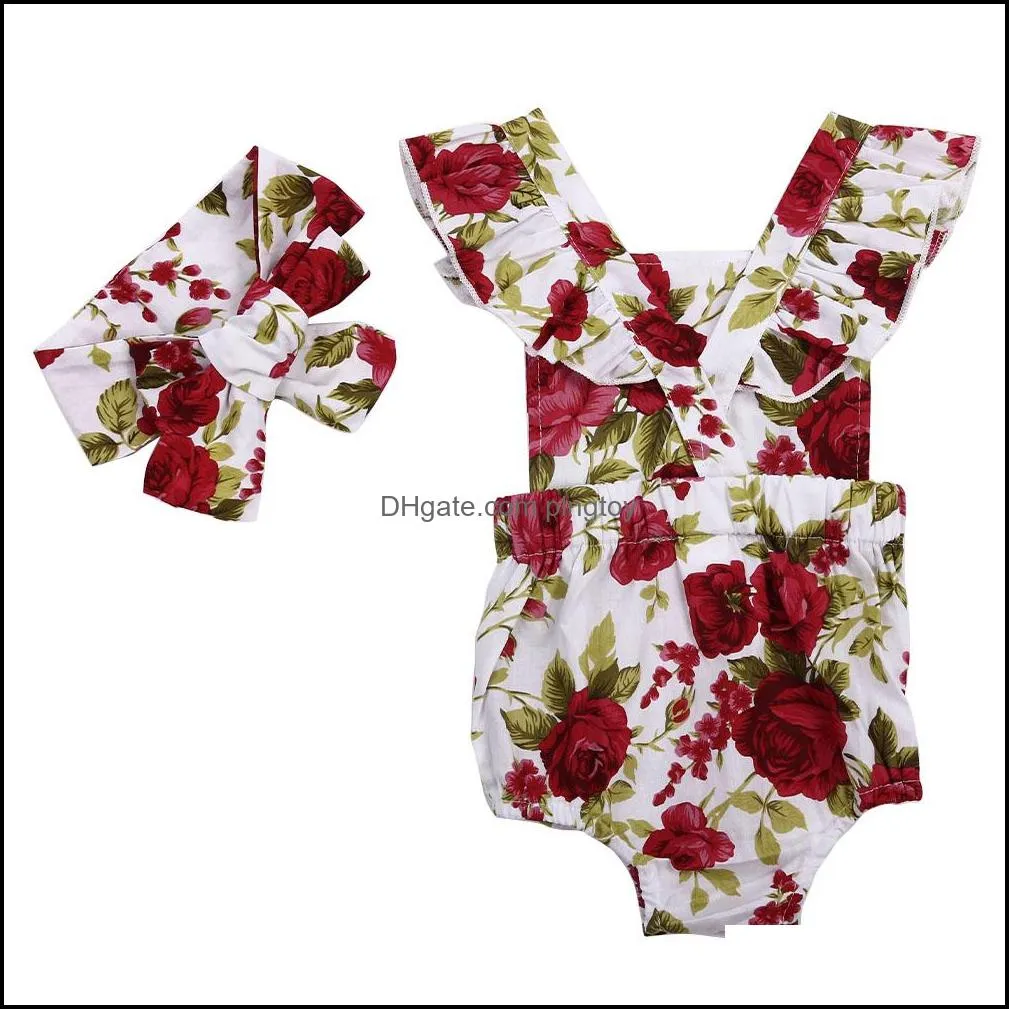 2PC Baby Girl Cute Floral Printed Halter Cotton Sleeveless Romper and Headband Casual Outfits Girls Clothes Set For 6-24M