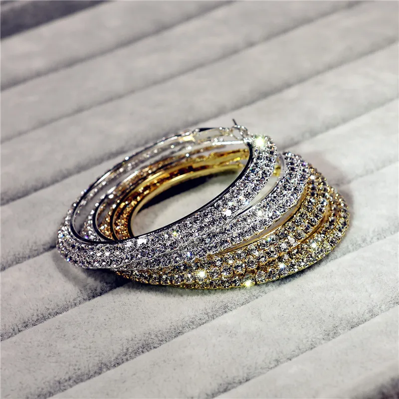 Women`s Large Big Dangle Earrings Shiny Double Row Diamonds Silver Color Circle Hoop Earrings Bridal Jewellery