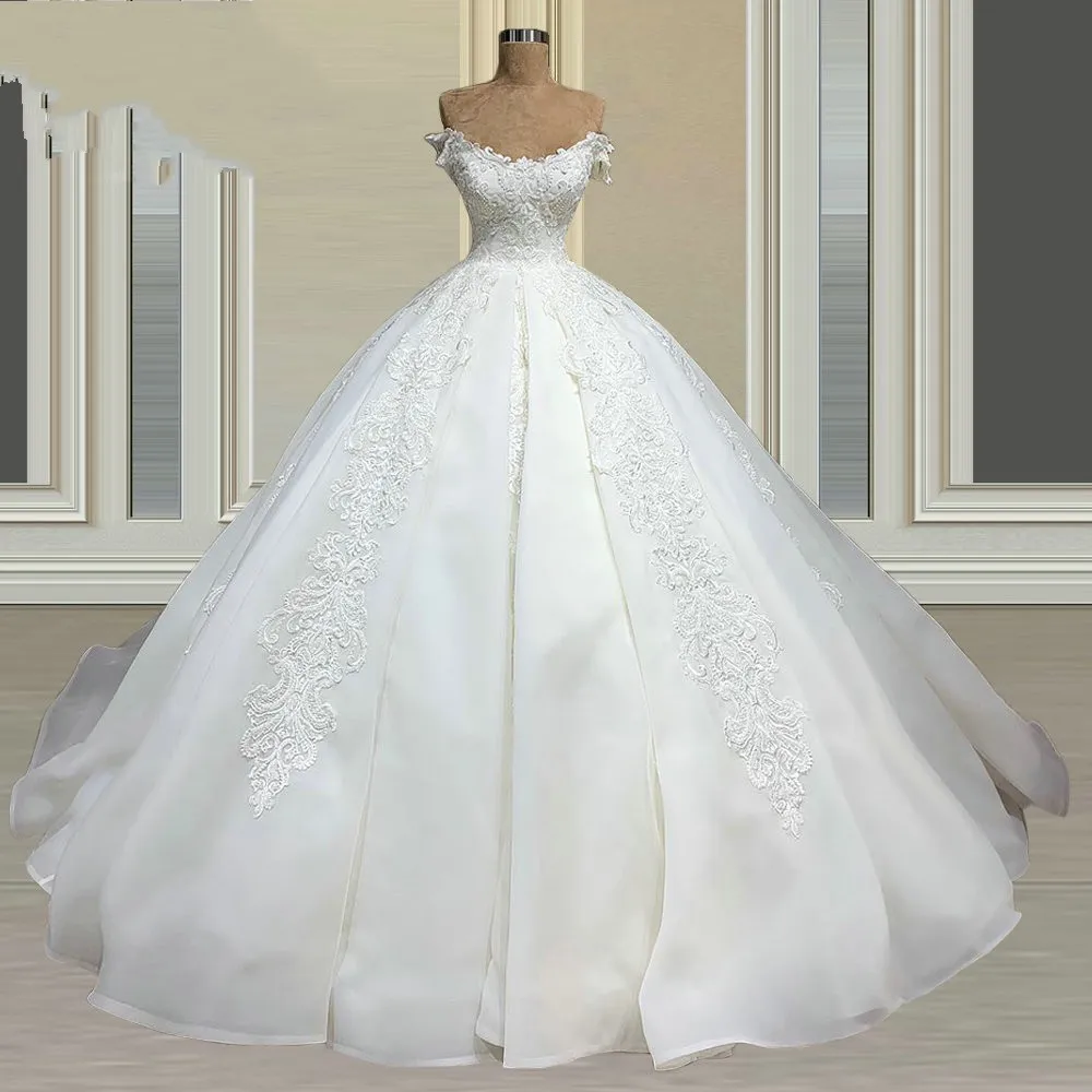 Abiti da sposa di lusso con scollo rotondo e abito da ballo 2022 con spalle scoperte in pizzo e perline Vestido de Novia Abiti da sposa Mariage