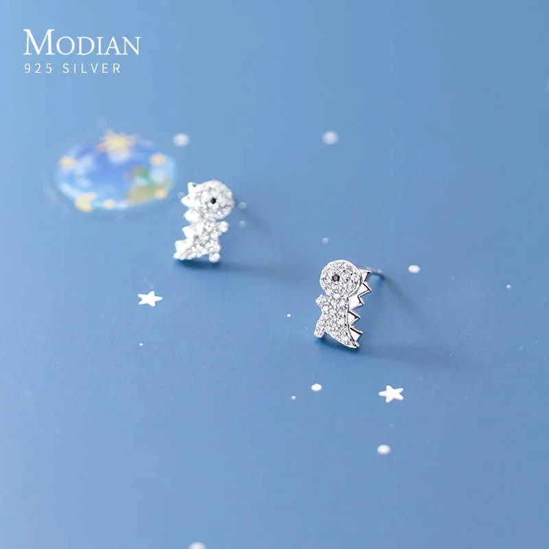 Wyczyść CZ Little Dinosaur Prawdziwe 100% 925 Sterling Silver Anti-Allergy Animal Stud Kolczyki dla kobiet Fine Jewelry Kids Prezent 210707