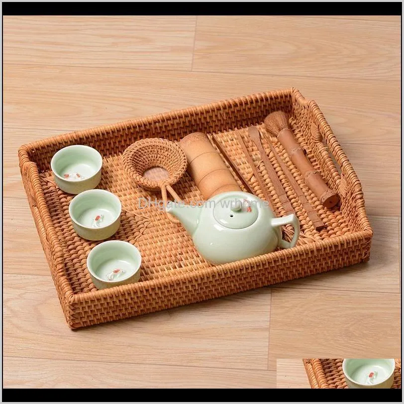 rattan woven storage fruit basket candy snack plate cutlery tray with breakfast bed bar dinner rectangular baskets