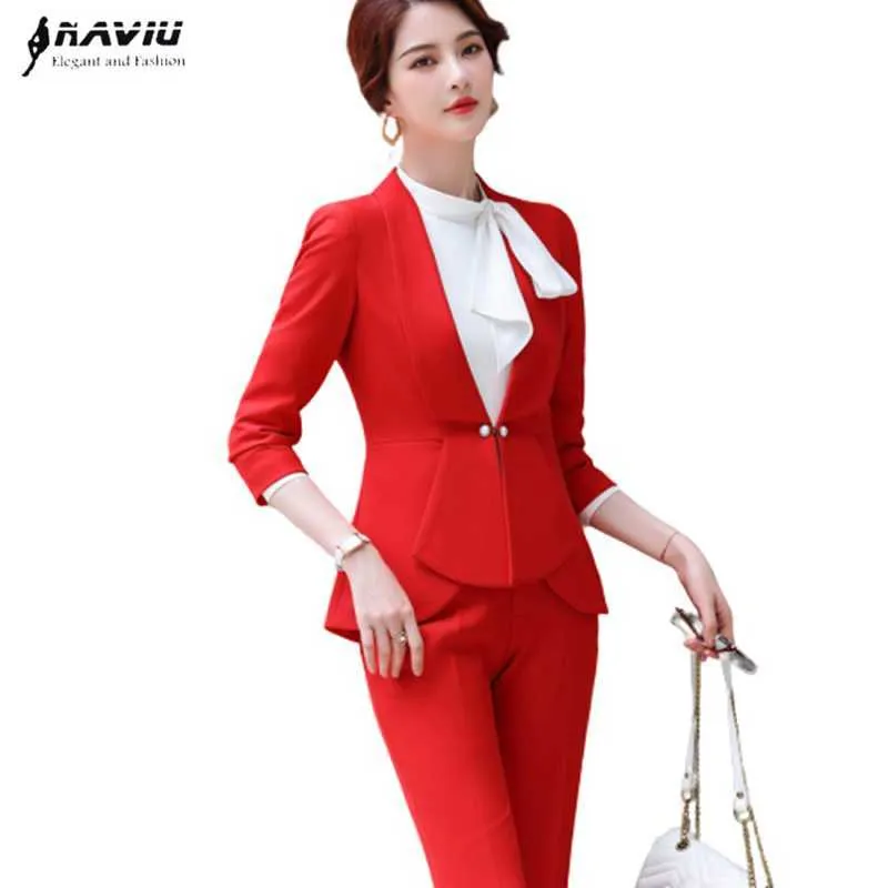 Naviu Fashion High Quality Pant Suit Women Set Office Lady Formell Långärmad Blazer och Byxor 210604