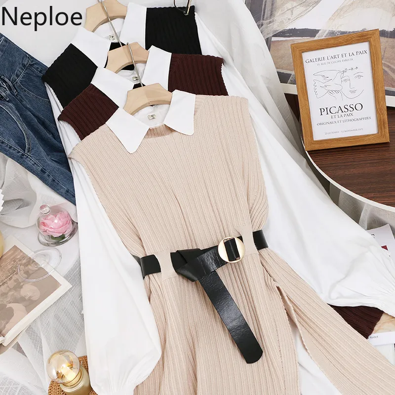 Neploe Fall Clothes Two Piece Outfits for Women White Shirts Tops Knitted Sweater Vest Ropa Mujer Korean Chic Suit 2 Piece Set 210422