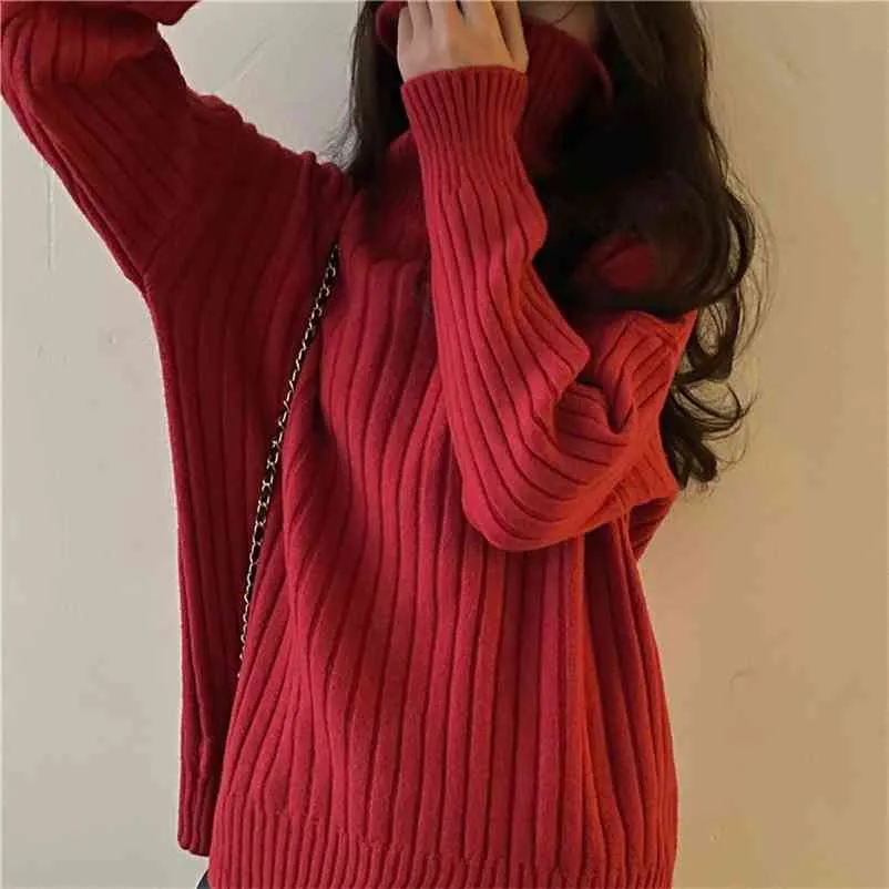 Зимняя корейская версия толстого натягивания наружный износ женская мода вязаный отворот свободный дикий женский свитер 6 цветов 210514