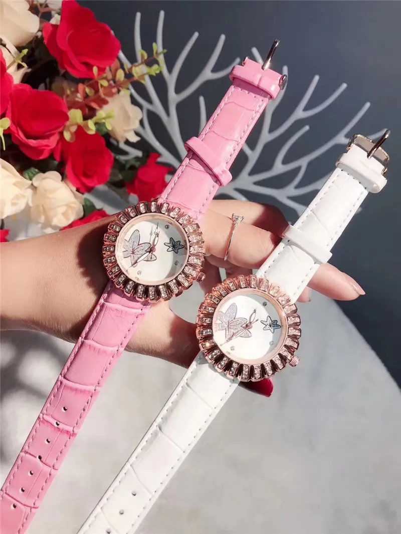 Fashion Brand Watches Women Lady girl Crystal flower style Leather strap quartz wrist Watch CHA28