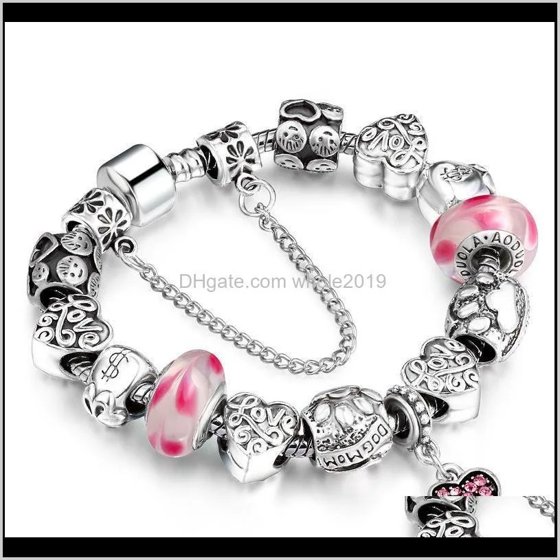 color austrian crystal bead bracelet with safety chain silver-plated heart pendant bangle beads 20cm for women jewelry beaded, strands