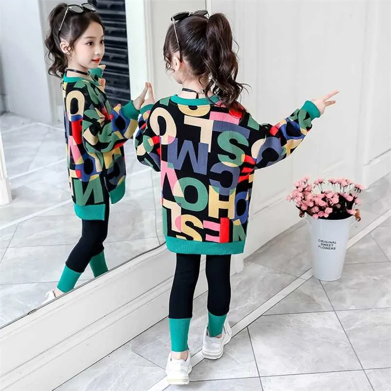 Kinderkleding Pak Meisjes Herfst Kleding Mode Casual Grote Kinderen Brief Trui + Leggings Tweedelige Set 220106