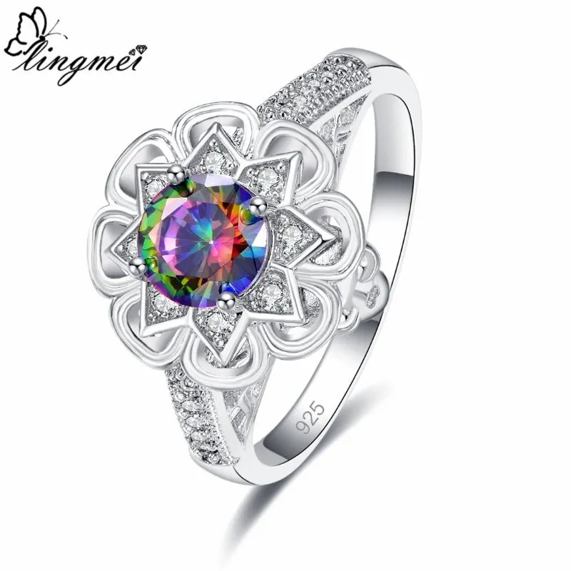 Anillos de racimo Lingmei Bohemia Estilo Multicolor Rojo Blanco Zircon Plata Anillo de bodas Tamaño 6 7 8 9 Navidad Mujeres Joyería Regalos