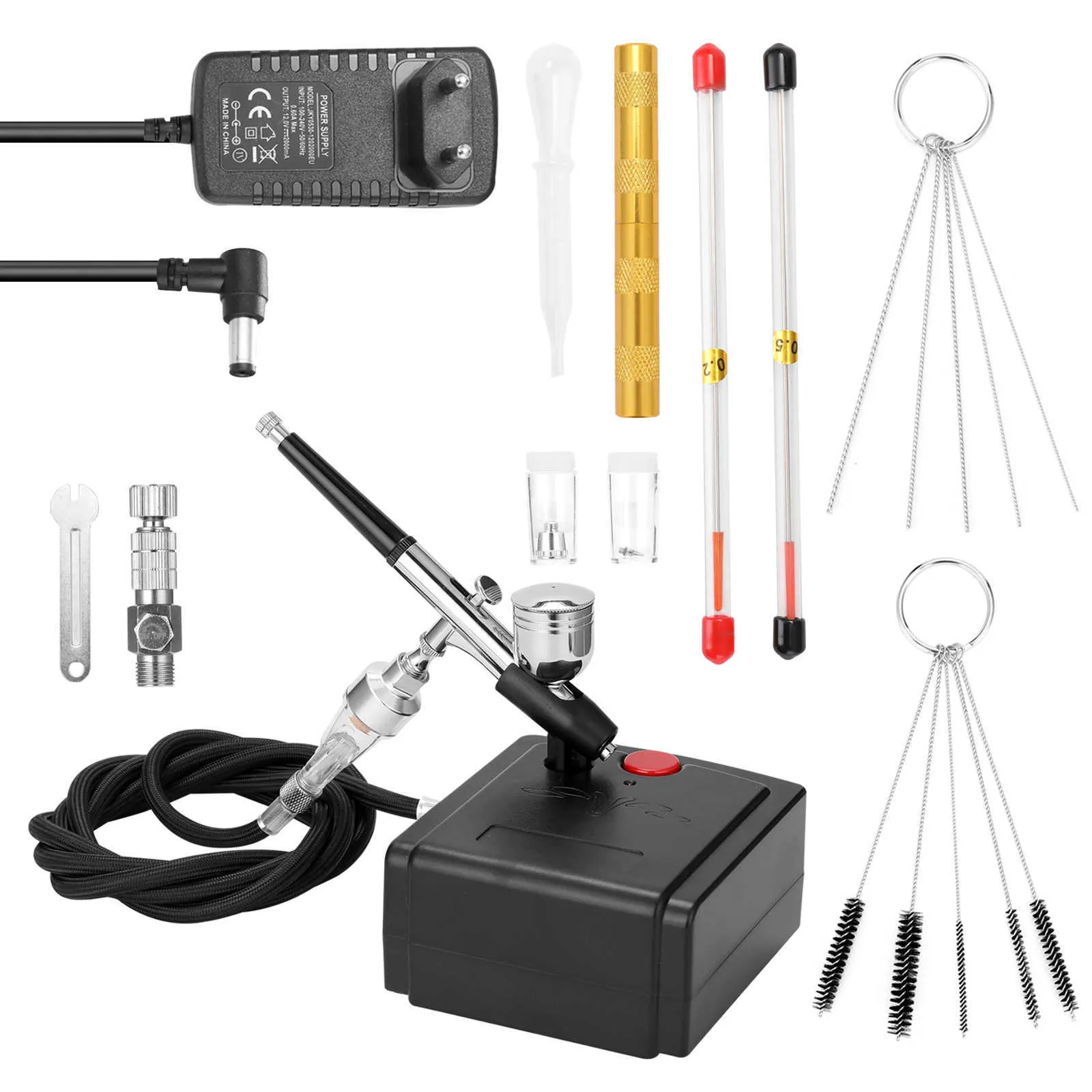 Professionell airbrush set för modellkonstmålning med luftkompressor + nätadapter + Airbrush + Airbrush Holder + 0.2MMNeedle 210719