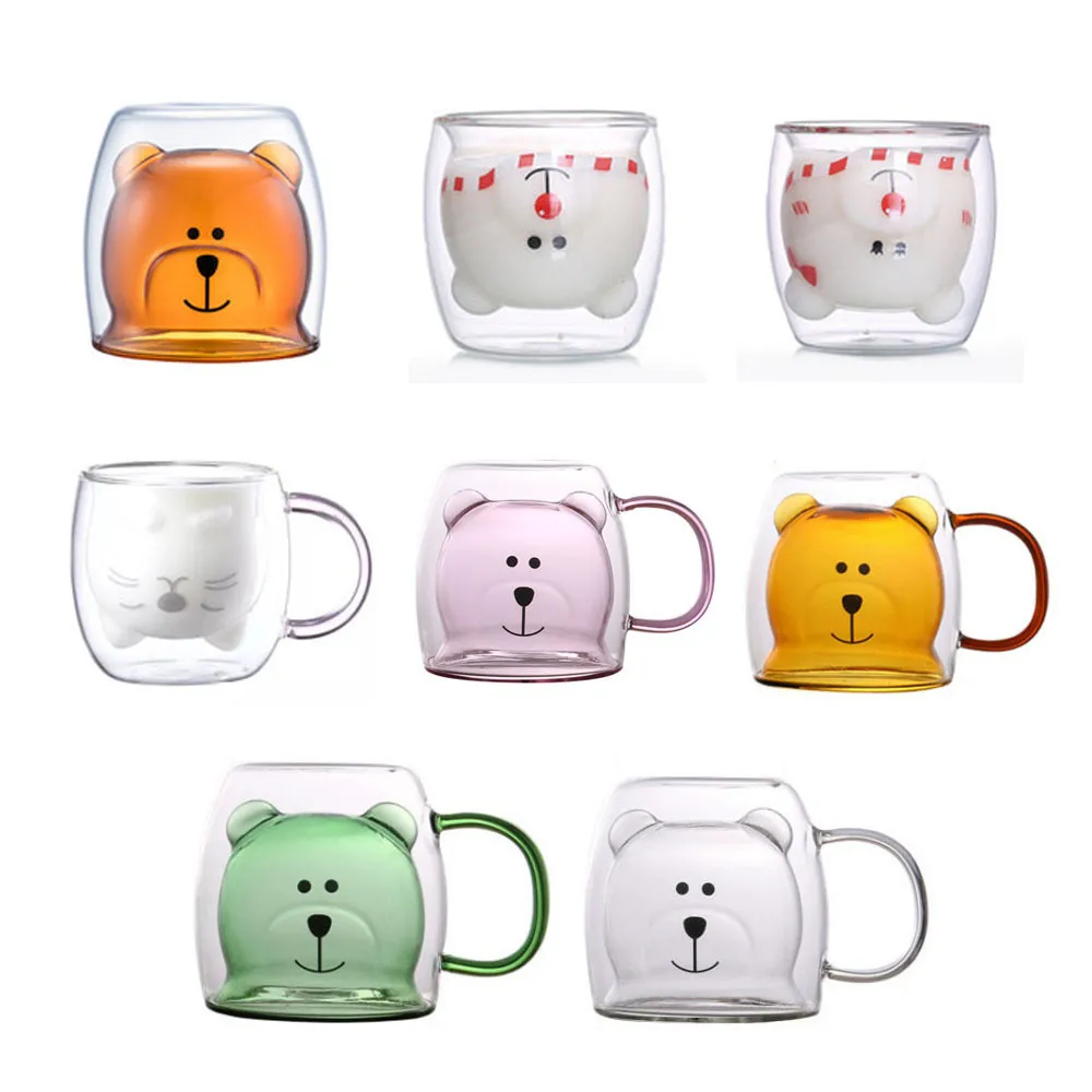 250ml S Cute Bear Cat Animal Double Wall Large Layer Glass Milk Kubek Coffee Cup Christmas Gift