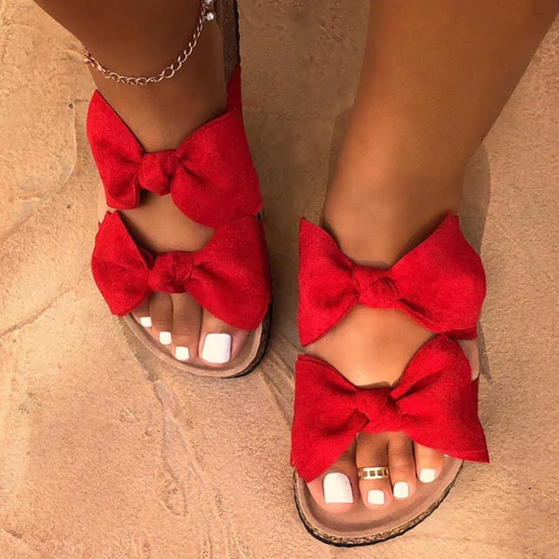 2020 Kvinnor Sandaler Skor Sommar Platt Sandaler Bow-knot Comfort Retro Anti-Slip Beach Skor Plattform Slide Plus Storlek Zapatos Mujer Y0721
