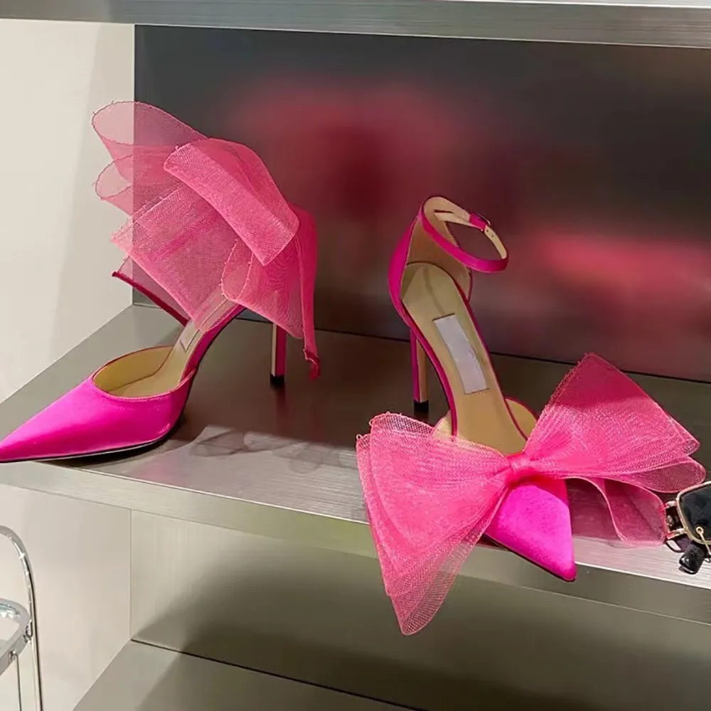 Lyxdesigner högklackade sandaler Rose Pink Vamp Heel Cross Big Bow fluorescerande vamppekade tåremskor