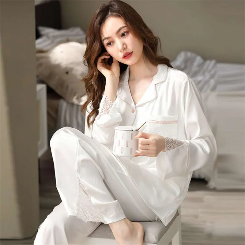Mulheres Gelo Silk Pijamas Primavera Quarto Branco Sleepwear PJS Lace Edge Pijama Feminino Mujer Dormir Home Roupas Cetim Pijama Femme 210928