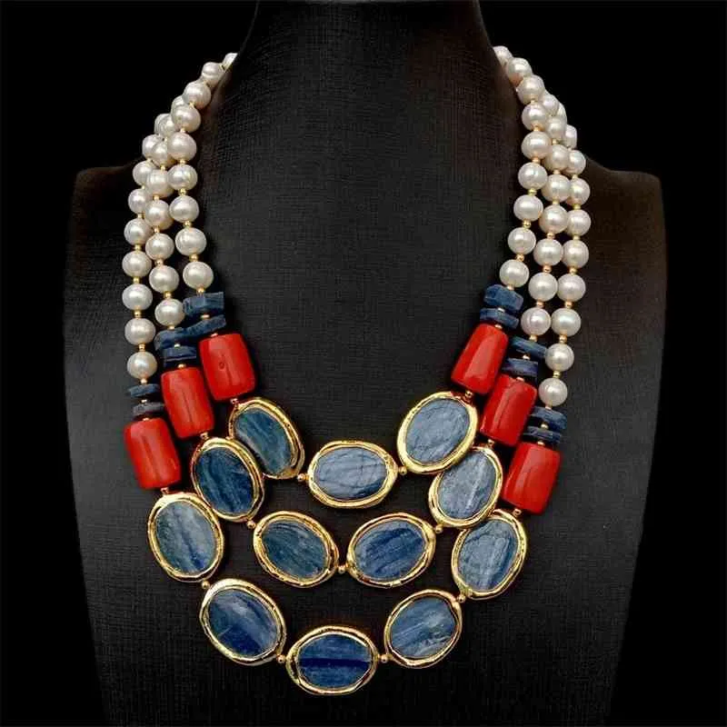 Y·YING Natural 3strands Blue Kyanite Red Coral Real White Pearl statement Necklace Female Jewelry 18"