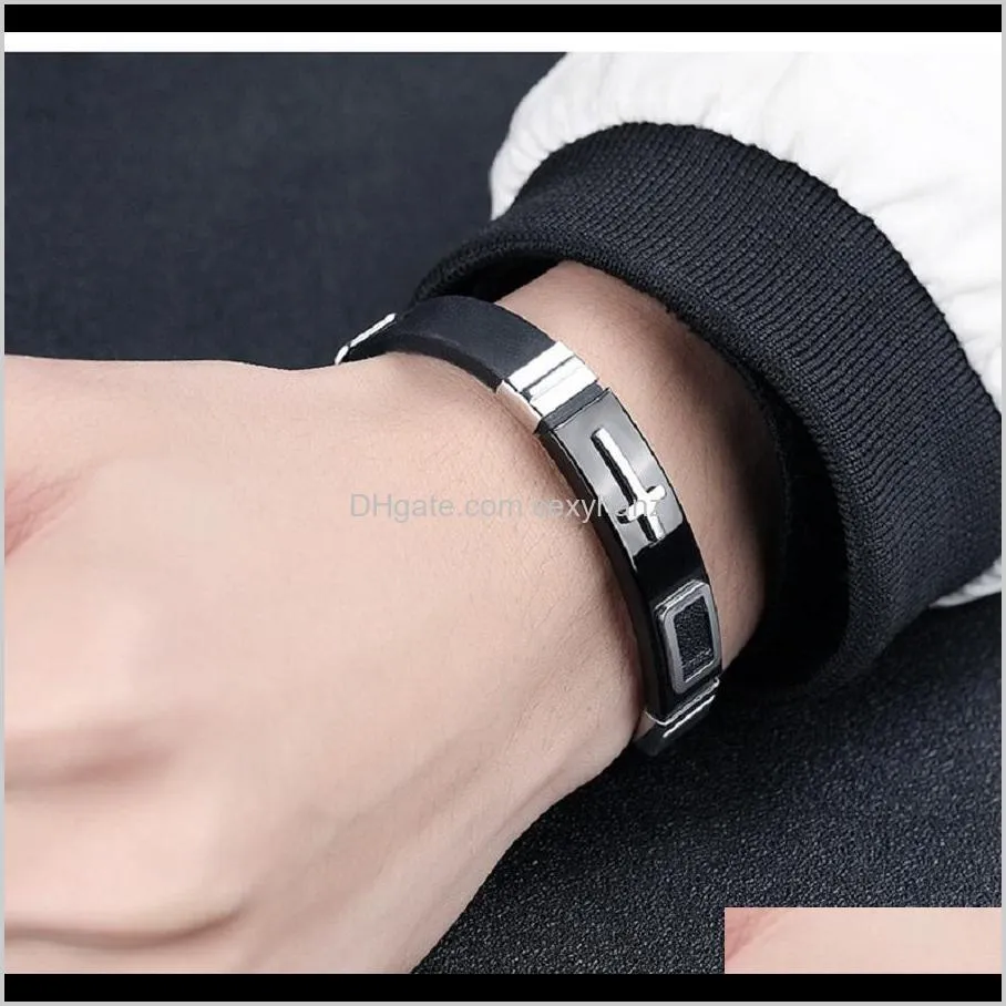 fashion men silicone wristband bracelet stainless steel cross design high quality jewelry punk men hip hop charm bracelets for gift