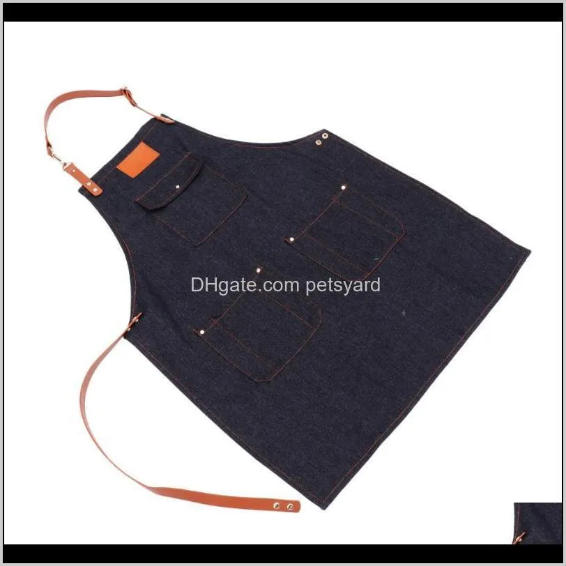 1pc delicate denim apron nordic style retro thickened barista work clothes accessories (denim blue) aprons