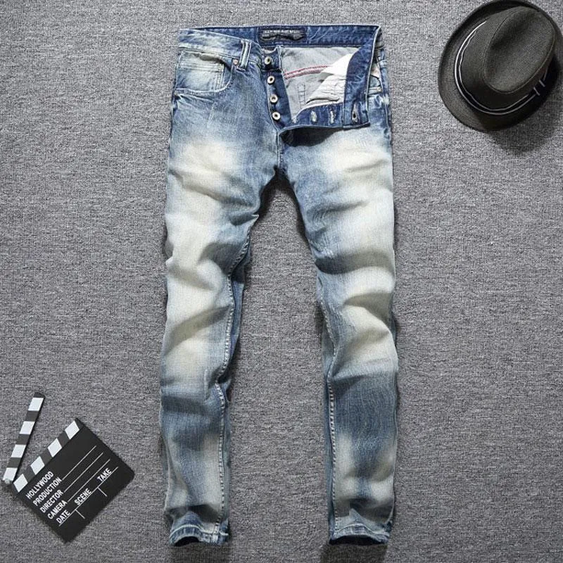 Erkek Kot İtalyan Tarzı Moda Erkekler Retro Işık Gri Mavi Elastik Pamuk Slim Yırtık Vintage Tasarımcı Düğmeler Denim Pantolon