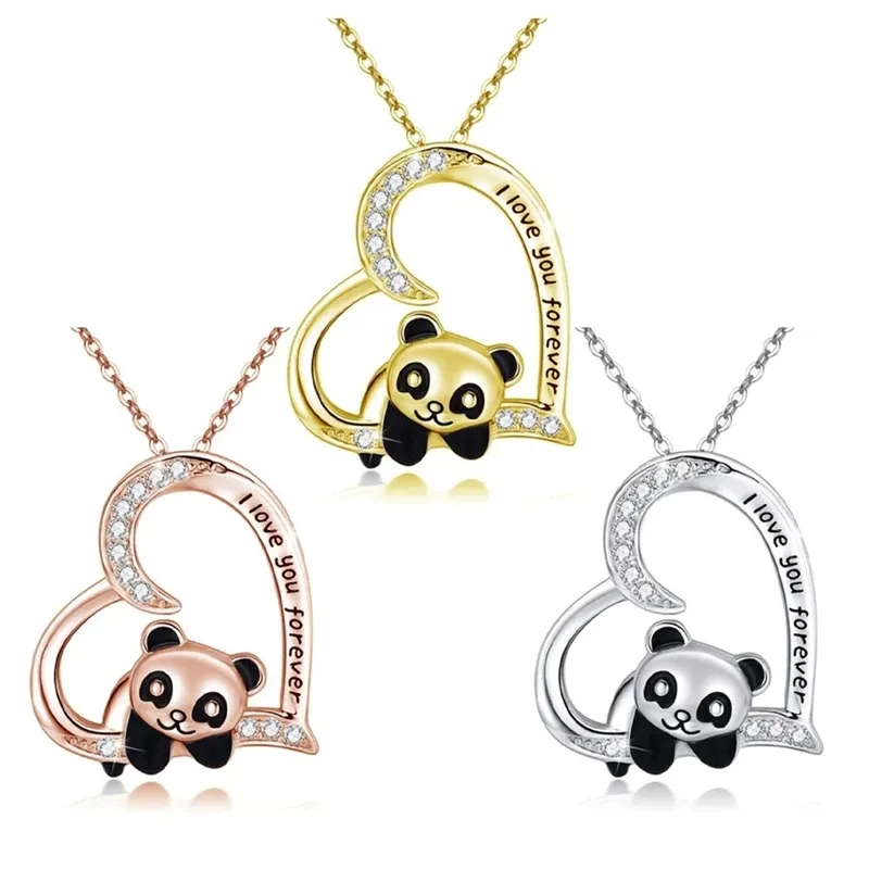 I Love You Forever Panda Necklace Cute Heart Animal Pendant Jewelry
