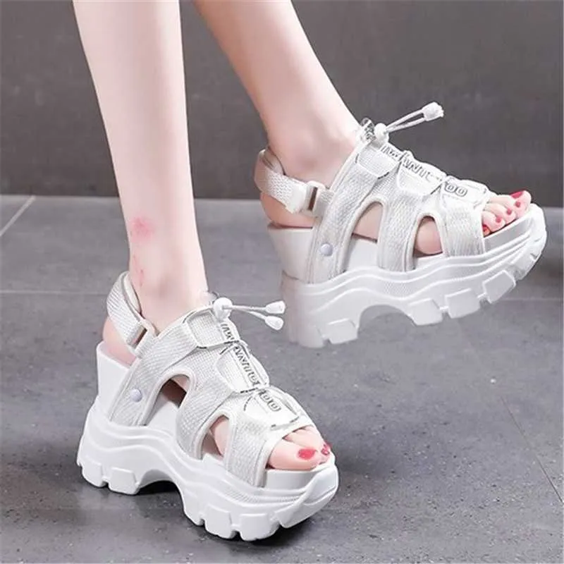 Hoge hakken sandalen vrouwelijke sport dikke bodem zomer 2021 dames mesh ademend schoenen wig open teen platform schoenen