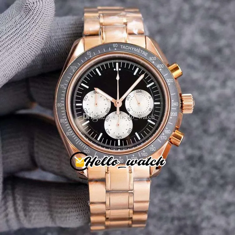 40 mm Speedy Tuesday Moon Relojes 311.32.42.30.01.001 Cronógrafo de cuarzo Reloj para hombre Esfera negra Subesfera blanca Cronómetro Banda de acero de oro rosa HWOM Hello_Watch