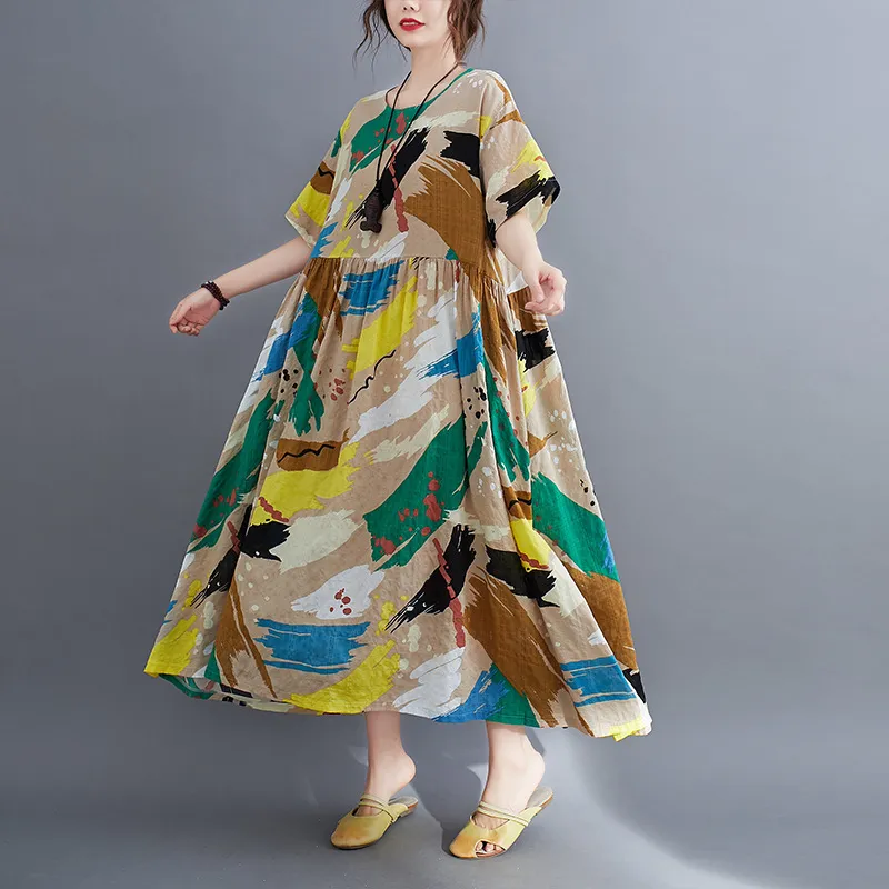 Johnature Yaz Moda Patchwork Baskı Cepler O-Boyun Kısa Kollu Elbise Basit Rahat Kadın Artı Boyutu Elbiseler 210521